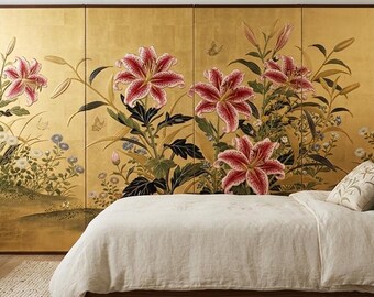 May include: A bedroom with a wooden bed and cream bedding. A large, gold screen with a floral design of red and pink lilies is the headboard. A wooden bedside table and chest are also visible. The room has a neutral colour palette.
