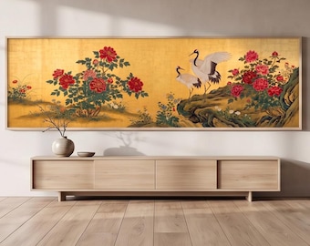 Japanese Crane Peony Art Print | Gold Leaf Wall Art | Nihonga Style Panoramic (Digital Download)