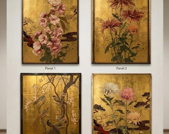 May include: Four framed Japanese-style panels with gold backgrounds. Each panel features a different floral or bird design. Panel 1 shows pink flowers, Panel 2 has red flowers, Panel 3 depicts birds on branches, and Panel 4 displays white and pink flowers.
