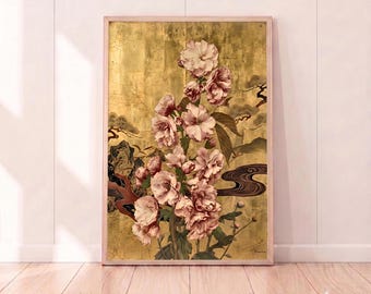 May include: A rectangular framed wall art print featuring a vertical arrangement of pale pink flowers against a metallic gold leaf background. The composition includes stylised dark brown tree branches, rocky formations, and flowing water patterns.