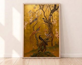 May include: A rectangular wall art print in a light wood frame featuring a gold background with dark tree branches, white blossoms, and five distinct birds including a long-tailed pheasant, a hoopoe, and other dark-feathered avian species.