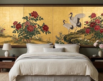 May include: A bedroom with a bed dressed in cream bedding. Above the bed is a large framed artwork with a gold background, depicting cranes, flowers, and foliage in a traditional Asian style. The room has wooden flooring, dark green walls, and a neutral colour scheme.