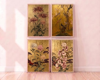 May include: A set of four rectangular wall art prints featuring gold backgrounds. The prints display detailed illustrations of various flowers, including chrysanthemums and blossoms, alongside depictions of birds perched on branches and flowing water.