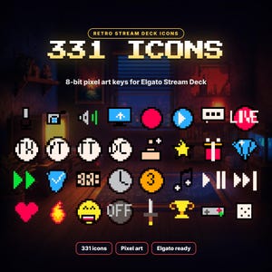 May include: A collection of 331 retro stream deck icons featuring 8-bit pixel art designs. The set includes various symbols such as a microphone, play buttons, stars, hearts, flames, a trophy, and text labels like LIVE and OFF, all displayed in a grid format.