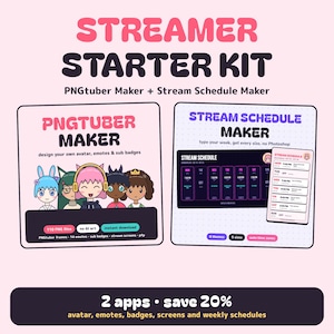 May include: A digital streamer starter kit featuring a PNGtuber maker and a stream schedule maker. The graphic displays five cartoon avatars, text labels, and preview windows for creating custom avatars, emotes, sub badges, and weekly streaming schedules.