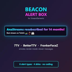 以下が含まれることがあります： StreamElements用のデジタルBeacon Alert Boxグラフィック。ダークな背景にネオンブルーとピンクのテキストが特徴です。AnaStreamsの通知サンプル、7TV、BetterTTV、FrankerFaceZの絵文字サポート、および6種類のアラートタイプが表示されています。