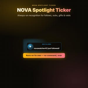 Peut inclure: Un graphique numérique intitulé NOVA Spotlight Ticker avec le texte Always-on recognition for follows, subs, gifts & raids. Il affiche une notification NEW FOLLOWER novawatcher42 just followed! et un bouton Runs on its own — no command, ever.