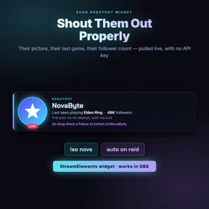 May include: A digital Echo Shoutout widget interface featuring the text Shout Them Out Properly, displaying a user profile for NovaByte with a star icon, live status, game title Elden Ring, follower count, and a Twitch link, plus command buttons.