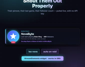 May include: A digital Echo Shoutout widget interface featuring the text Shout Them Out Properly, displaying a user profile for NovaByte with a star icon, live status, game title Elden Ring, follower count, and a Twitch link, plus command buttons.
