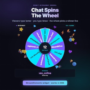 May include: A digital giveaway wheel graphic titled Chat Spins The Wheel with the text Viewers type !enter, you type !draw, the wheel picks a winner live. The wheel displays 12 entries including vex_online, turbo_toad, and pixelwitch.