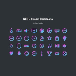 Könnte beinhalten: Eine Sammlung von 331 digitalen Icons für ein Stream Deck mit einem Neon-Farbverlauf in Pink und Blau. Die Icons zeigen Symbole für Mikrofone, Kameras, Lautstärke, Wiedergabe, Pause, Chat, Herzen, Trophäen und verschiedene Buchstaben auf dunklem Grund.