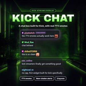 May include: A digital Kick stream overlay featuring a chat box interface with usernames like pixelwitch, Mod_Rae, shibaSTORM, vex_online, and nightowl_tv. The graphic displays text including KICK CHAT, 7TV emotes, and three layout options.