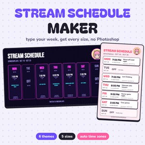 Stream Schedule Maker, Twitch Schedule Template App, Auto Time Zones, Weekly Streaming Schedule for Twitch YouTube Kick, No Canva Needed