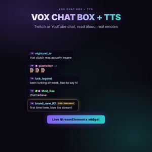 Puede incluir: Una interfaz digital titulada VOX CHAT BOX + TTS para Twitch o YouTube, que presenta un fondo oscuro con múltiples burbujas de mensajes de chat de varios usuarios, incluyendo texto, emoticonos y un botón de widget de Live StreamElements.