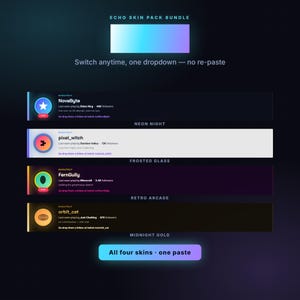 May include: The Echo Skin Pack Bundle features four distinct digital interface designs labelled Neon Night, Frosted Glass, Retro Arcade, and Midnight Gold. Each section displays a user profile with a circular avatar, username, and status text.