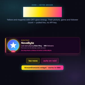 Peut inclure: Une interface numérique affichant le texte ECHO - RETRO ARCADE, une barre dégradée jaune à magenta et un widget de shoutout pour NovaByte. Le widget présente une icône de profil, le nombre d'abonnés, le jeu et un lien vers twitch.tv/NovaByte.