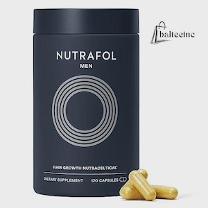 May include: A dark blue cylindrical bottle of Nutrafol Men hair growth nutraceutical dietary supplement. The bottle has a silver circular design and the text "NUTRAFOL MEN". 120 capsules are shown next to the bottle.