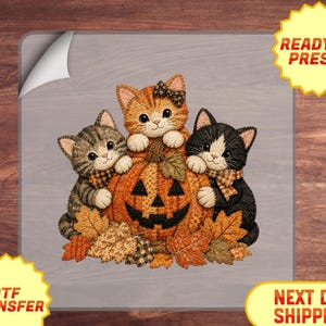 Faux Patchwork Halloween Cat DTF Transfer, Pumpkin Kitten Fall Ready to Press Design