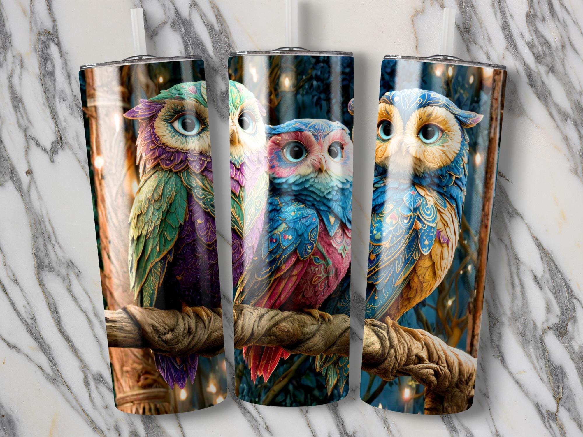 Colorful Owl Tumbler Wrap, 20oz Skinny Owl Sublimation PNG, Whimsical Fantasy Owl Art, Boho Mystical