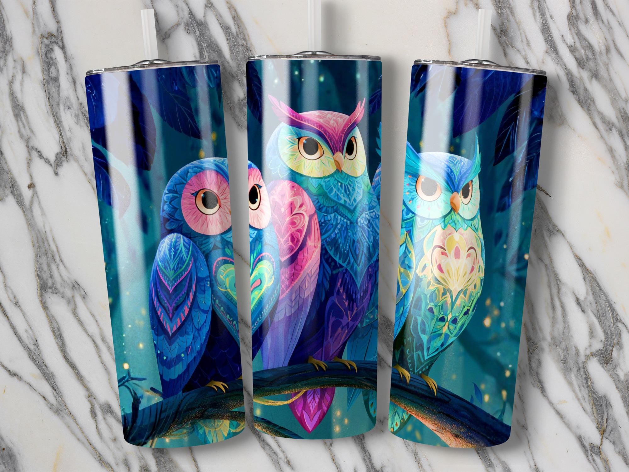 Vibrant Owls Tumbler Wrap, 20oz Skinny Owl Sublimation PNG, Mystical Forest Owl Design, Colorful Man