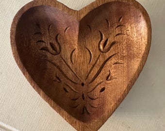 Vintage Wood Carved Floral Heart Bowl