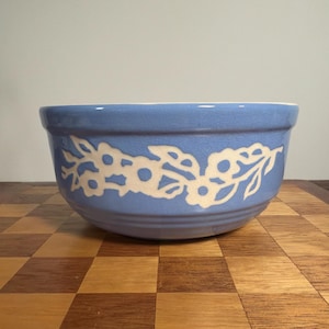 May include: A light blue ceramic mixing bowl featuring a white embossed floral vine pattern encircling the exterior. The bowl has a smooth, glossy finish, a wide circular rim, and a slightly tapered base with subtle horizontal ridged detailing.