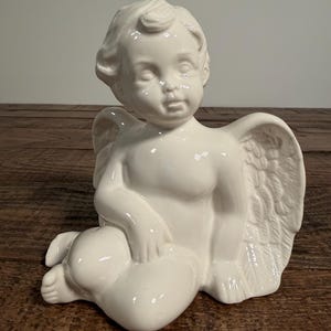 Vintage 1993 Holland Floral Ceramic White Angel Planter, Cherub Figurine Holder