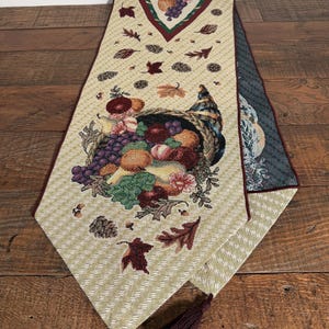 Vintage Tapestry Table Runner | Cornucopia Harvest Autumn Leaves Tassels