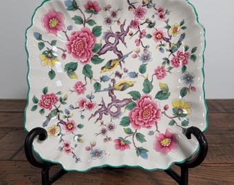 Vintage Old Foley James Kent "Chinese Rose" Square Dish | Scalloped Floral Chinoiserie Trinket Dish, Staffordshire England Porcelain Serving