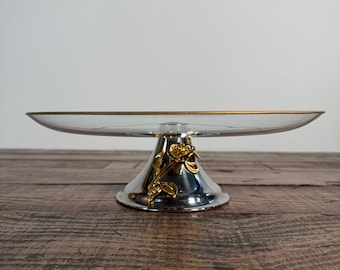 Vintage Oneida Golden Damask Rose Cake Stand | 14.5" Glass Platter with Gold Rim, 18/8 Stainless Base & 24K Gold Plated Accent