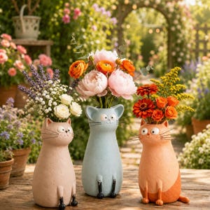May include: Three cat-shaped vases in light pink, light blue, and orange, each featuring painted whiskers and eyes. The vases hold arrangements of colorful flowers including orange ranunculus, pink peonies, lavender, and red zinnias.