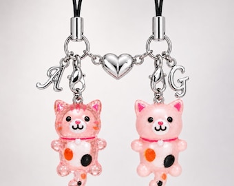 Personalized Magnetic Cat Keychain Set with Custom Initials, Matching Couple Phone Charm, Cute Bag Charm, Girlfriend Anniversary Gift