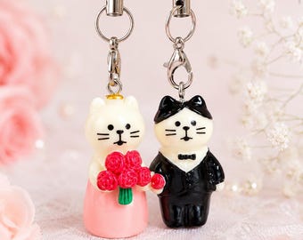 Personalized Cat Keychain Set with Custom Initials, Matching Couple Phone Charm, Cute Bag Charm, Birthday Anniversary Gift