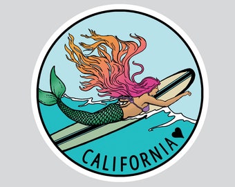 Mermaid Sticker- Mermaid Decal- surf Sticker-  surf Art - california sticker - california love- Florida- santa cruz - oahu