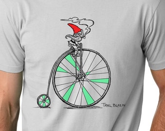 Funny Bike Gnome Men's Christmas T Shirt - Slim fit - 100% Combed Cotton - Screen Print - Grey-Gift for Dad - Gift for son, brother, husband