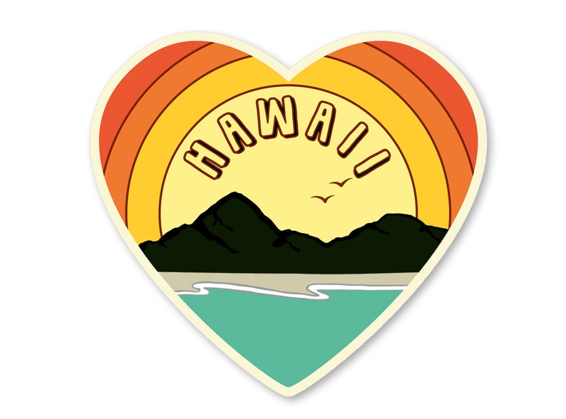 May include: A heart-shaped sticker with a retro sunset design. The sticker features a yellow sun with orange and red stripes, a mountain range, a beach, and the word "HAWAII" in yellow letters.