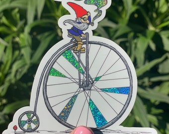 Gnome sticker-Gnome Penny Farthing decal-rokende kabouter-Penny-fiets-auto sticker-waterfles sticker-sticker