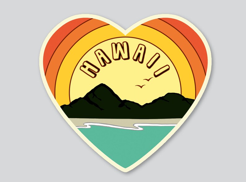 May include: A heart-shaped sticker with a retro sunset design. The sticker features a yellow sun with orange and red stripes, a mountain range, a beach, and the word "HAWAII" in a vintage font.