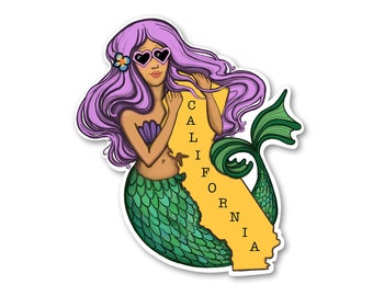Mermaid Sticker- Mermaid Decal- Hugging California Bear-  Beach Art - california sticker - california love-