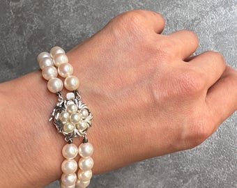 美品✨ミキモト シルバーブレスレット パール 2連 M刻印 ミキモト 2連パールブレスレット スターリングシルバー 6.5インチ 1950