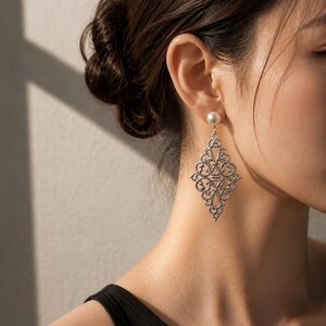 Pearl & Filigree Long Drop Earrings / Vintage Style Statement