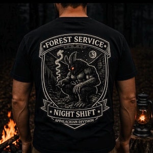 Mothman Night Watch T-shirt | Cryptid Illustration, Appalachian Forest