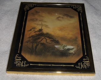 Vintage Framed Art Swan Bird Crane Scene Art Print Metal Picture Frame Nature Print Wall Hanging