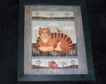Vintage Basco Framed Art Print Whimsical Tabby Cat Wall Hanging Folk Art Kitty Bird