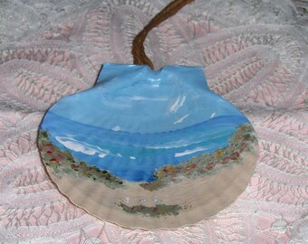 Vintage Hand Painted Beach Scene On Scallop Seashell Nautical Ocean Sand Grass Signed