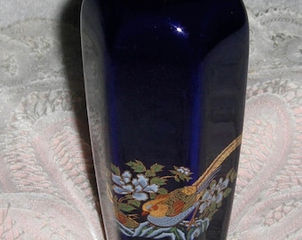 Vtg Navy Blue Floral Bud Vase Japan Painted Blue Flowers Pheasant Bird Gold Rim