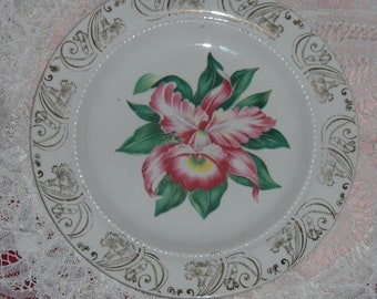 Vintage Eastern China USA Pink Flower Dish Porcelain 22 K-Gold Trumpet Vine Plate
