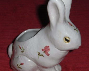 Vintage Alcobaca Portugal Rabbit Figurine Cute Easter Bunny Hare Cotton Ball Candy Trinket Holder