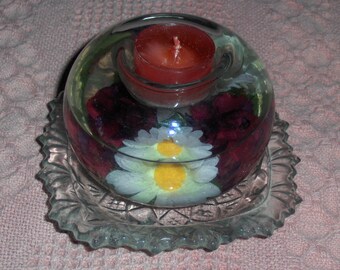 Candelabro vintage con forma de globo de agua, rosas flotantes, margaritas, bola de nieve, plato, figura