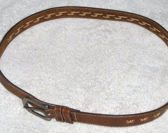 Vintage Genuine Leather Belt Brass Buckle Size 32 Unisex With Decorative Rope Ties